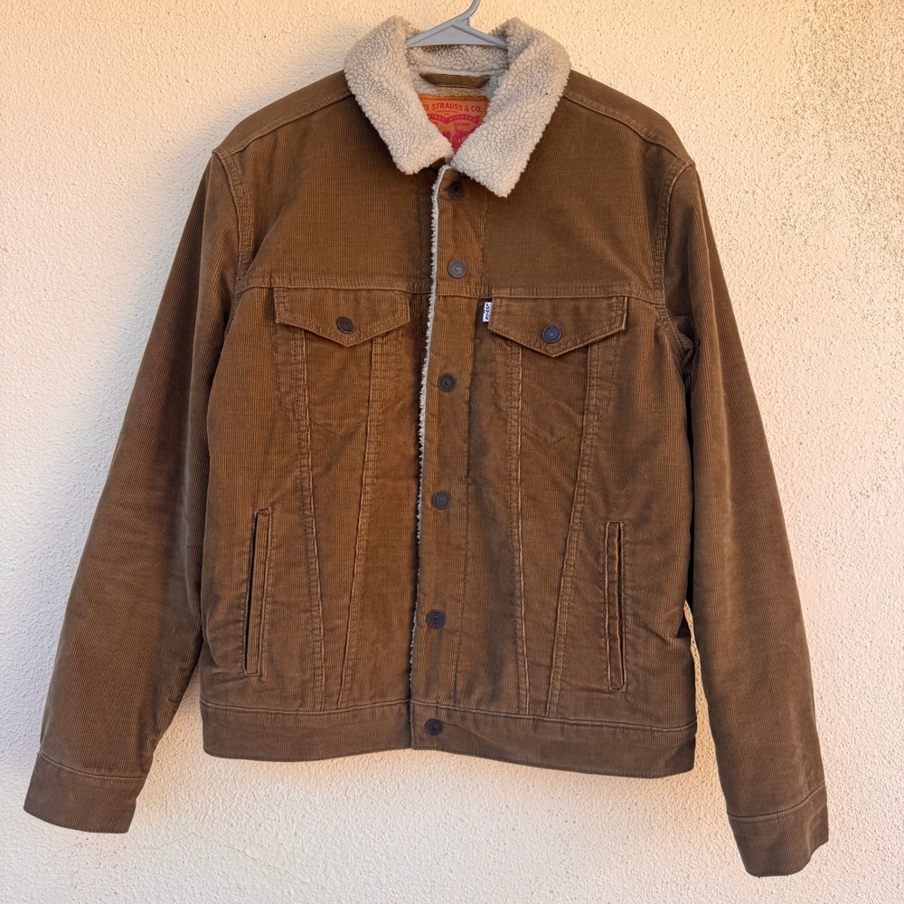Levis Mens Brown Corduroy Sherpa Lined Trucker Jacket Size M White Tab Coat